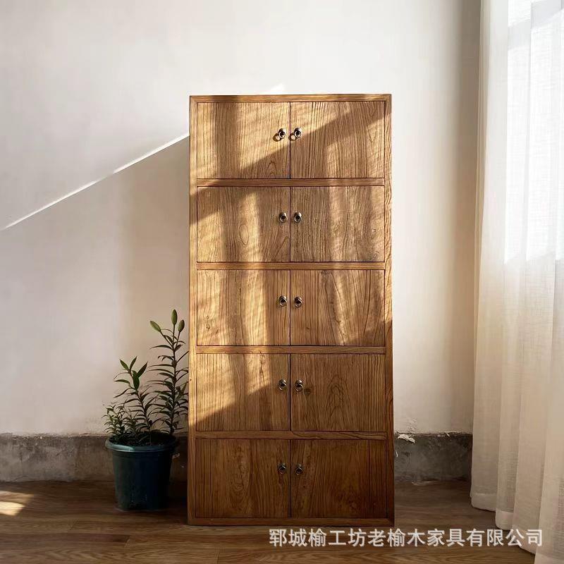 老榆木八斗柜实木客厅储物收纳柜做旧复古餐边柜长方形格子柜