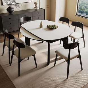 奶油风德利丰纯白实木岩板可伸缩折叠餐桌家用方圆两用可变圆桌