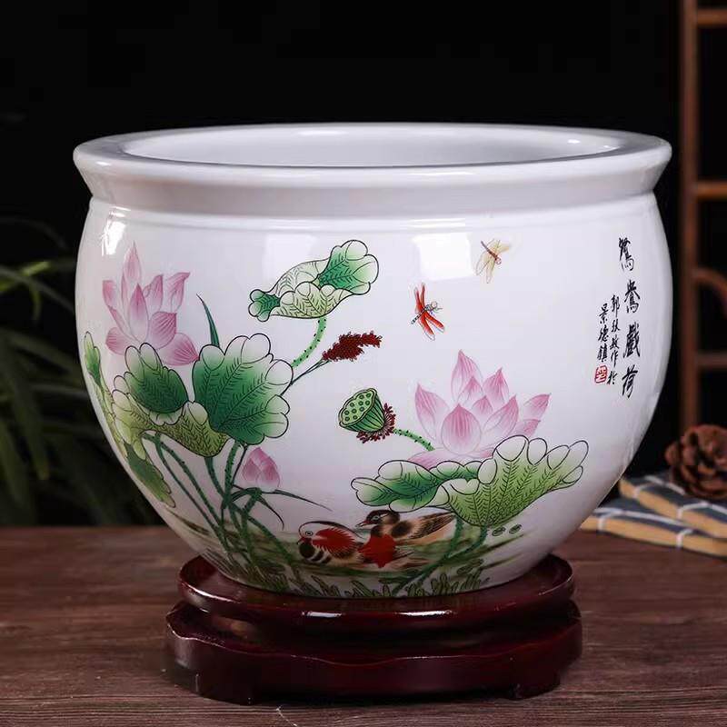 景德镇陶瓷水浅粉彩花盆水培碗莲睡莲铜钱草绿萝盆栽庭院大金鱼缸