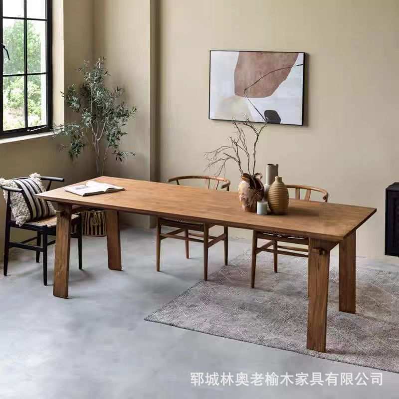 定制侘寂风老榆木茶桌实木做旧餐桌椅家用休闲工作台长桌原木桌