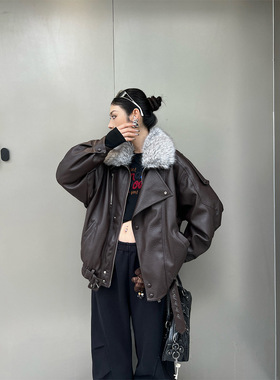 2025冬季大毛领高街潮机车风羽绒内胆皮衣外套白鸭绒羽绒服85353