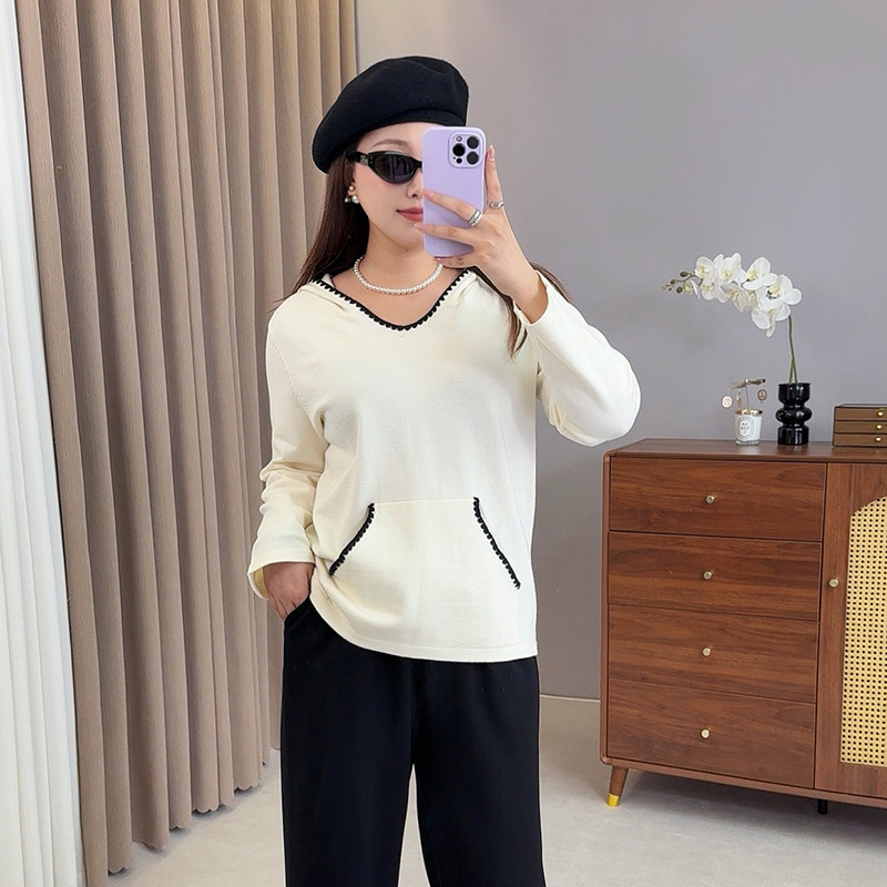 子元2025秋季新款大码胖mm女装休闲百搭口袋连帽撞色女士毛衣F528