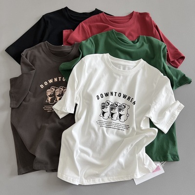 202228三只熊短袖T恤100棉磨毛圆领女印花宽松美式上衣马卡龙色