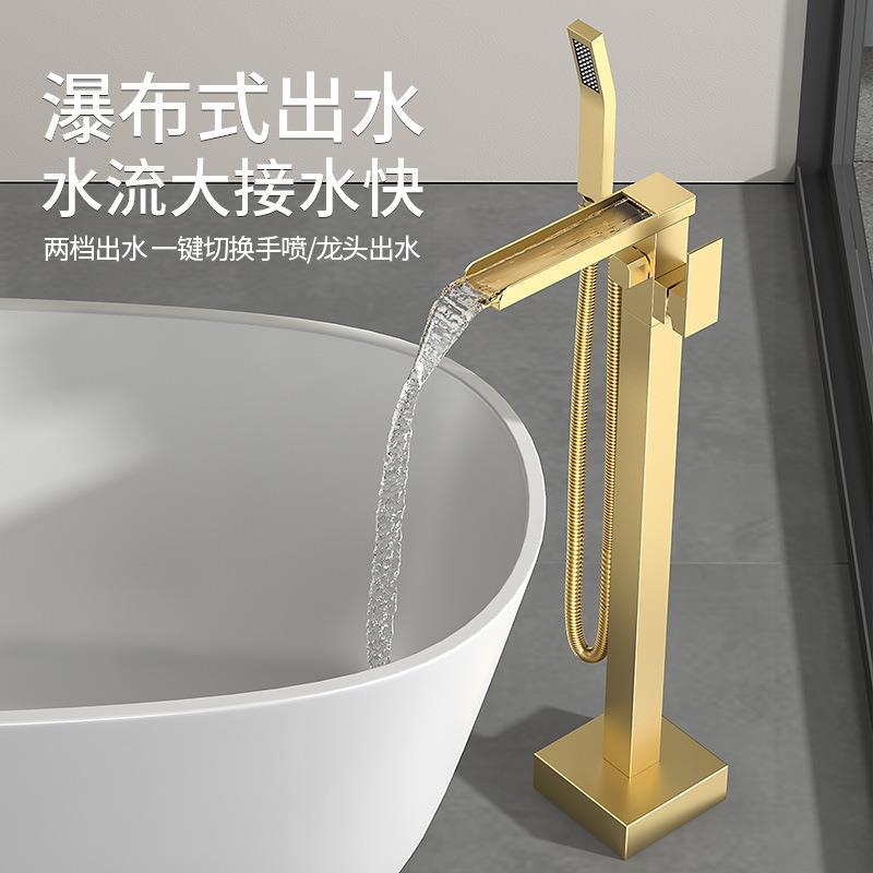 拉丝金全铜体落式地浴缸龙头冷热水立式立柱木桶缸边墙接可免打孔
