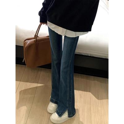 深蓝色开叉微喇牛仔裤女春季新款胖妹妹mm梨形身材高腰显瘦喇叭裤