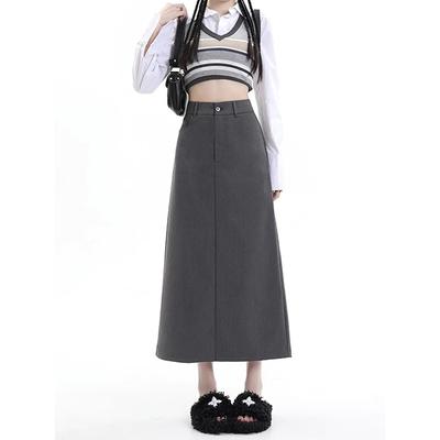灰色西装半身裙女夏季新款胖妹妹mm高腰遮胯显瘦梨形身材a字长裙