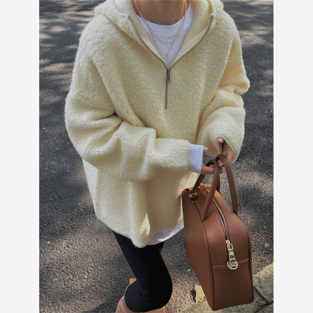 半开拉链连帽全羊毛毛衣