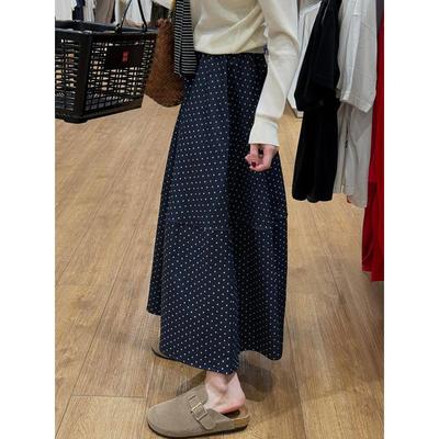 藏青色波点半身裙女夏季新款胖妹妹mm高腰遮胯显瘦中长款a字裙子