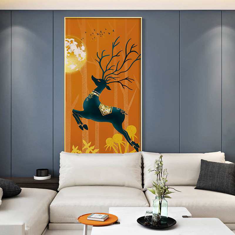 金鹿望月 现代轻奢风格玄关装饰画橙黄色小鹿壁画客厅走廊挂画