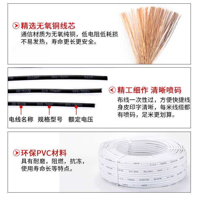 平行线rvvb扁形2芯0.5平方护套线纯铜芯白色黑色电线电缆电源线