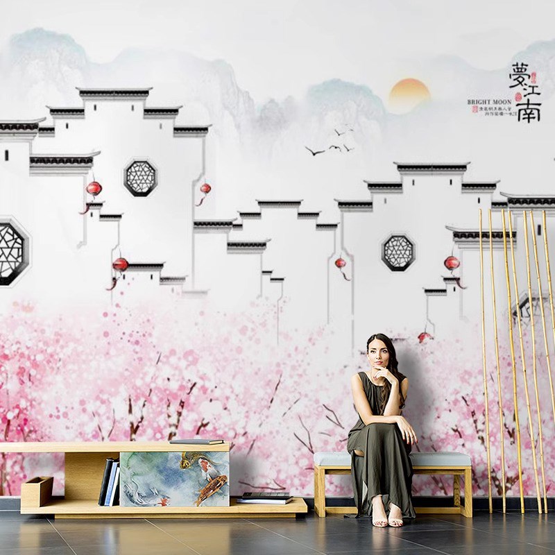 手绘古风新中式江南水乡壁纸徽派水墨山水画餐厅饭店酒楼墙纸壁画