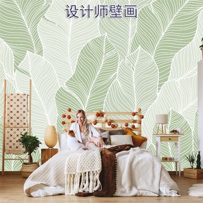 现代简约线条芭蕉叶客厅沙发卧室酒店民宿电视背景墙墙布壁画定制