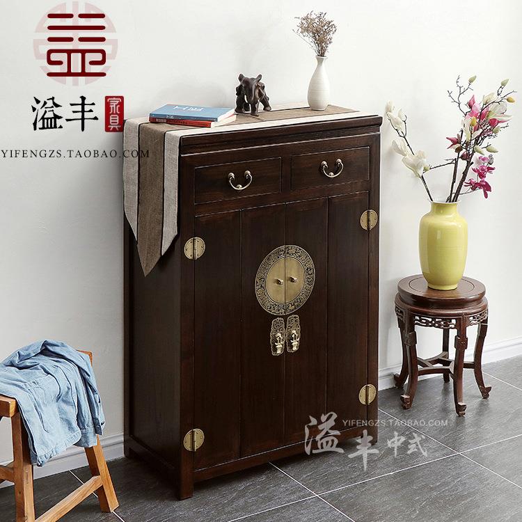 新中式家具老榆木鞋柜对开门明清古典折叠鞋柜实木仿古玄关储物柜