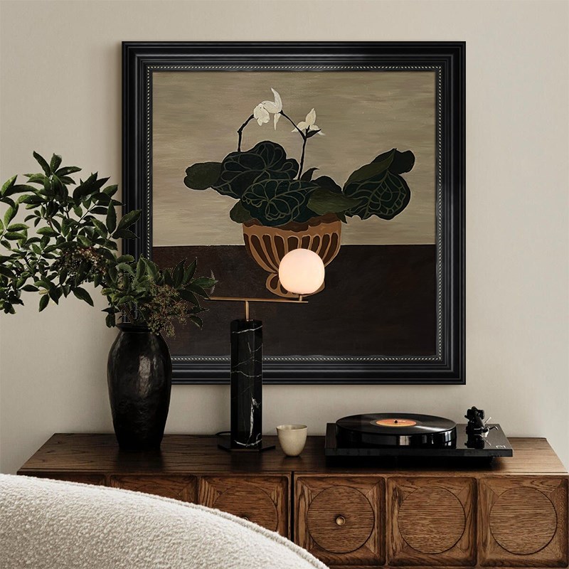 中古风复古植物花卉客厅装饰画荷花提篮手绘油画法式玄关卧室挂画图片