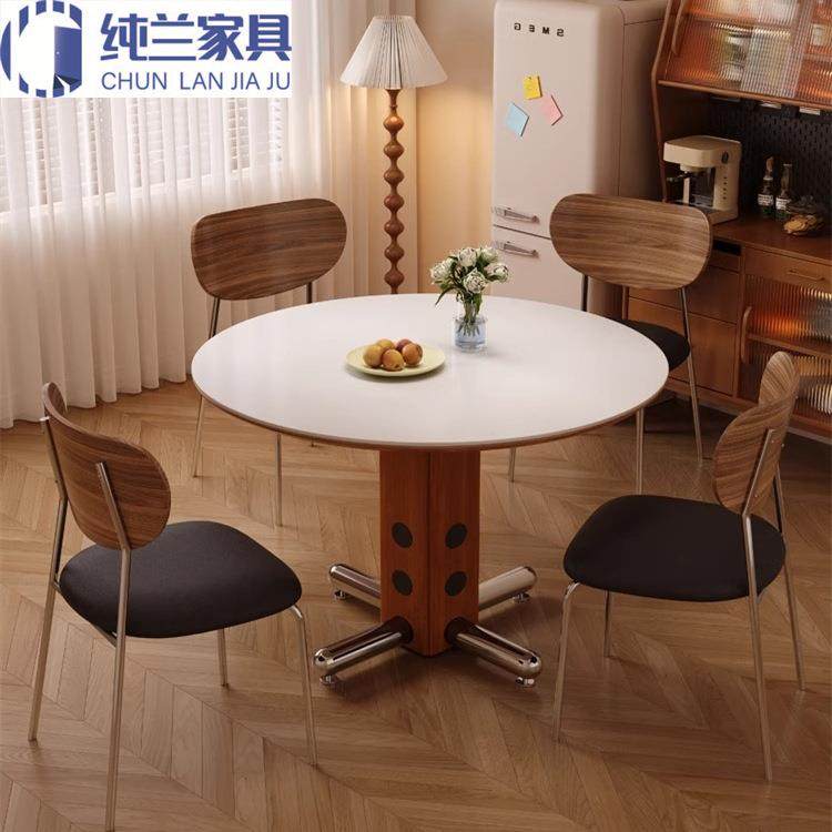 复古风岩板餐桌 小户型家用客厅圆形饭桌波尔卡实木中古1米小圆桌