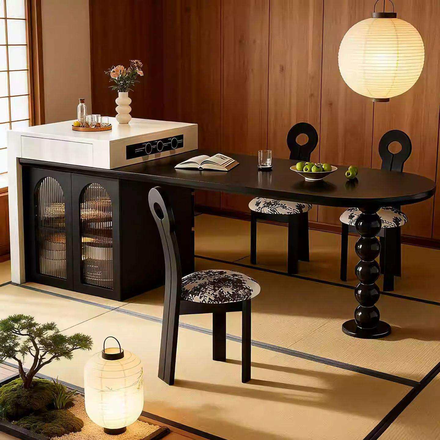 法式中古风岛台餐桌一体可伸缩圆弧纯黑岩板餐桌实木烤漆中岛台