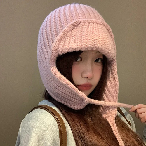 粉色针织毛线帽女2026秋冬护耳飞行帽保暖百搭显脸小滑雪雷锋帽子