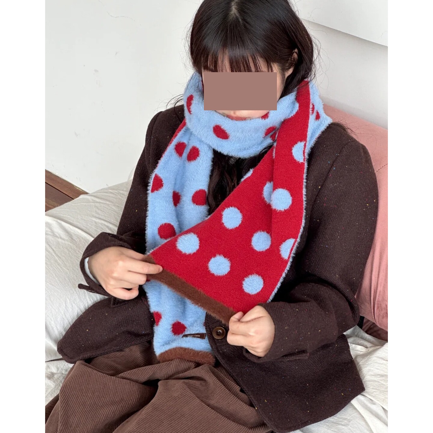 红蓝色双面波点围巾冬季女2025年新款韩系ins学生保暖仿貂毛围脖