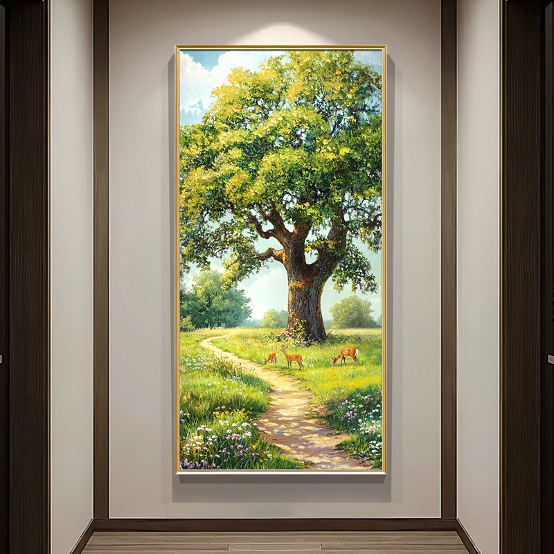 大树风景纯手绘油画现代轻奢玄关装饰画福鹿美式走廊过道竖版挂画图片