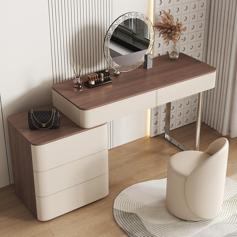 复古风梳妆台实木中古风卧室现代简约黑胡桃木法式化妆桌书桌一体