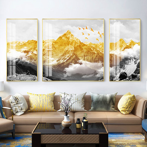 轻奢客厅沙发背景墙装饰画金色山脉背有靠山简约时尚新中式壁画