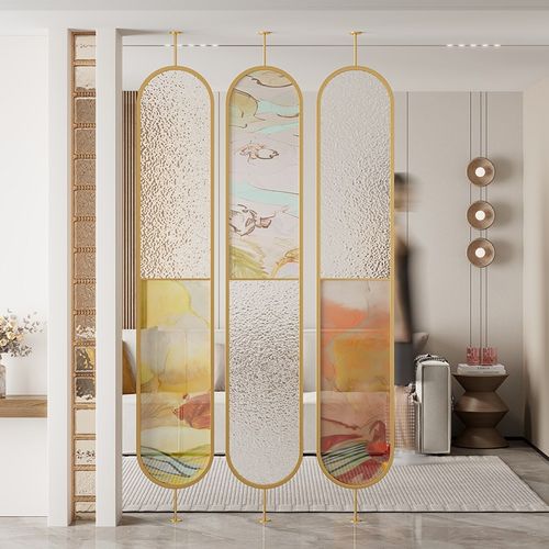 轻奢水纹玻璃屏风简n约入户客厅遮挡可旋转隔断办公室不锈钢装饰