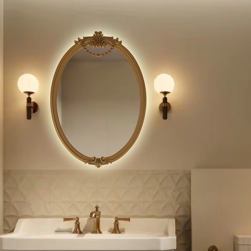 复古椭圆形智能浴室镜o壁挂洗手台干湿区镜子法式高级雕花化妆镜