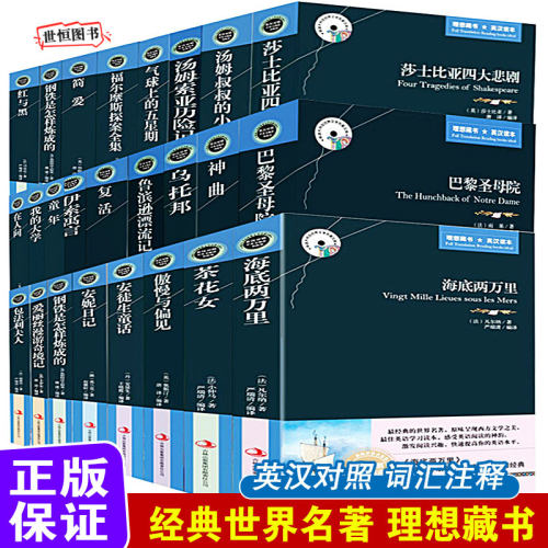 世界名著双语无删减 中英对照 英语小说经典文学 傲慢与偏见 简爱 巴黎圣母院 飘 复活 红与黑 茶花女 海底两万里 在人间 童年