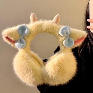 奶黄色毛绒绒耳罩女生冬季新款可爱耳套骑车保暖防冻护耳包可折叠
