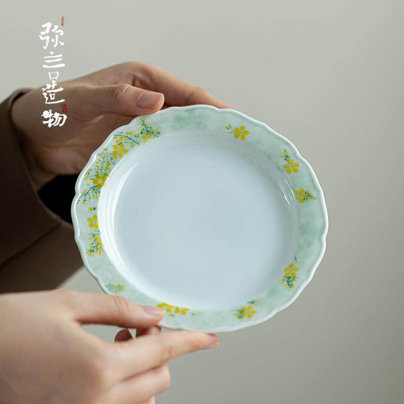弥言白瓷手绘油菜花壶承纯手工花边干泡盘家用小茶台单层蓄水茶盘