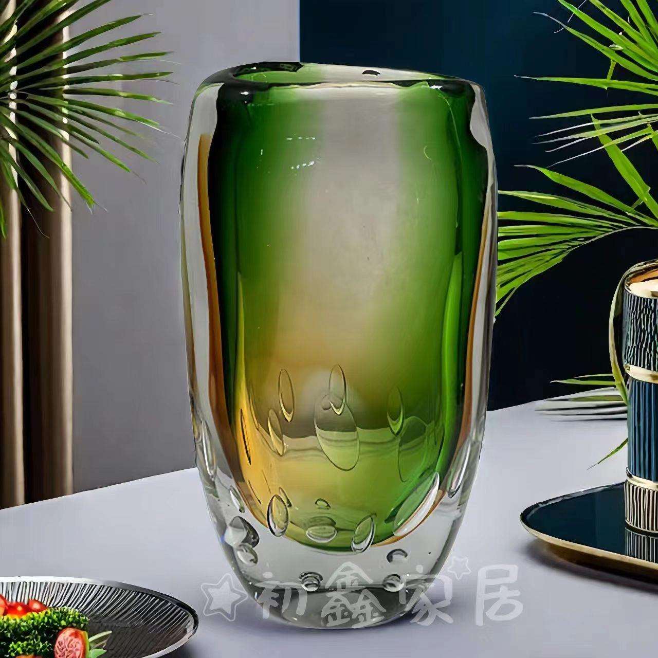 琉璃花瓶轻奢现代水晶厚重玻璃水培花瓶果盘摆件客厅玄关花器摆设