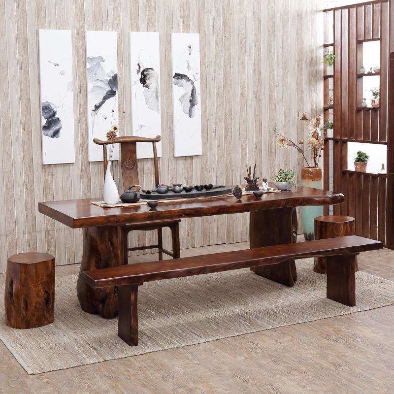 原木仿古茶台中式泡茶桌会议办公桌洽谈大板桌实木茶桌椅组合圆墩