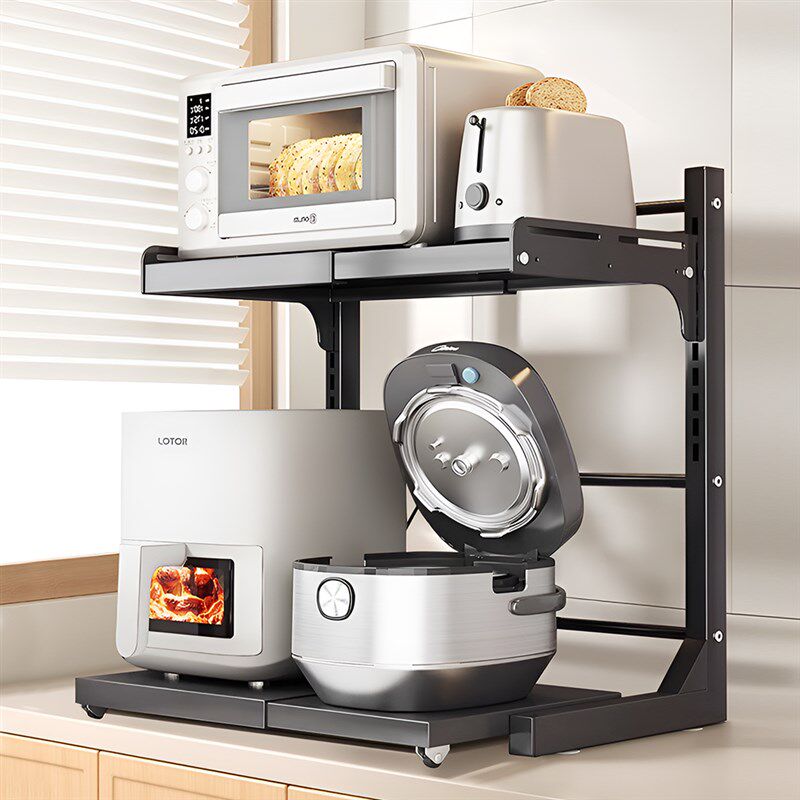 可伸缩厨房微g波炉置物架抽拉式台面新款双层放烤箱电饭煲一体架