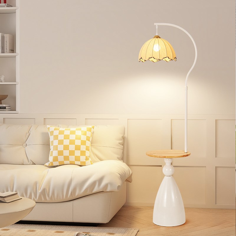 法式奶油风落地灯客厅沙发边几原木置F物架一体气氛灯卧室床头台