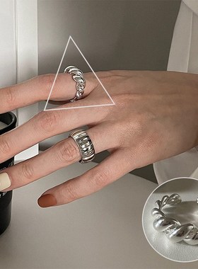【知偶】重工面包几何戒指女复古时尚个性HS925银开口指环嘻哈网