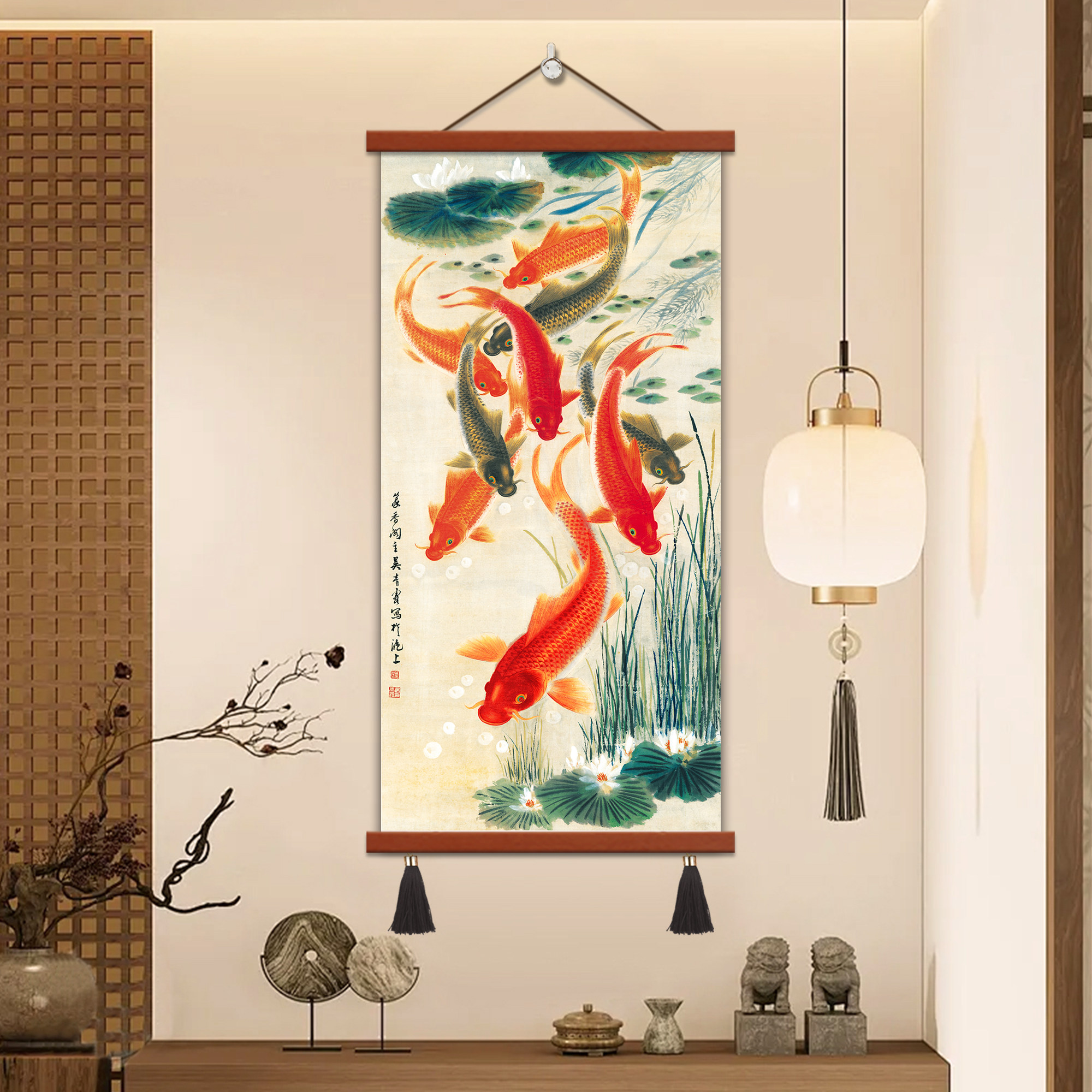 玄关过道走廊九鲤图水墨国画风水聚财九鱼图壁画客厅装饰画自粘画