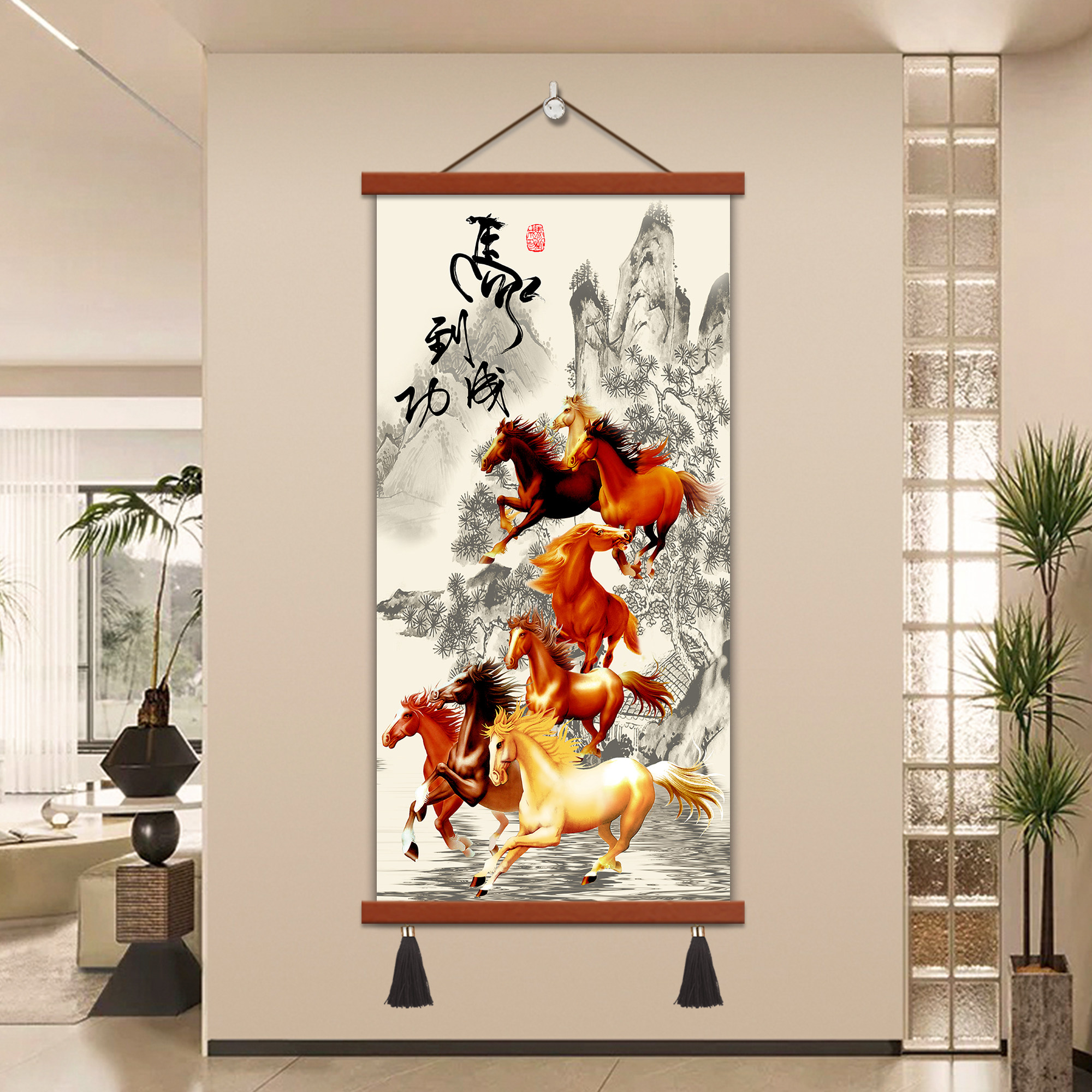 新中式马到成功挂画办公室八骏图竖版卷轴装饰画客厅马画