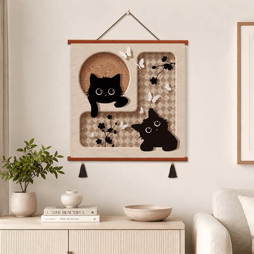轻奢小众日式侘寂风黑猫装饰画客厅玄关餐厅背景墙挂画卧室床头画