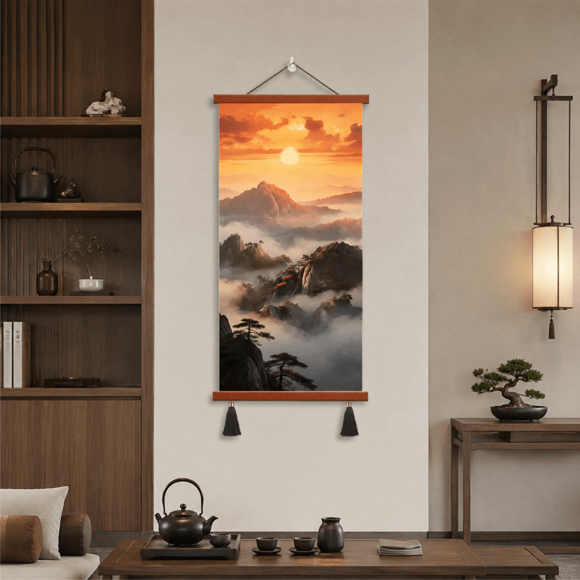 新中式精品玄关客厅山水日出云海挂画书房茶室背景墙轻奢装饰壁画