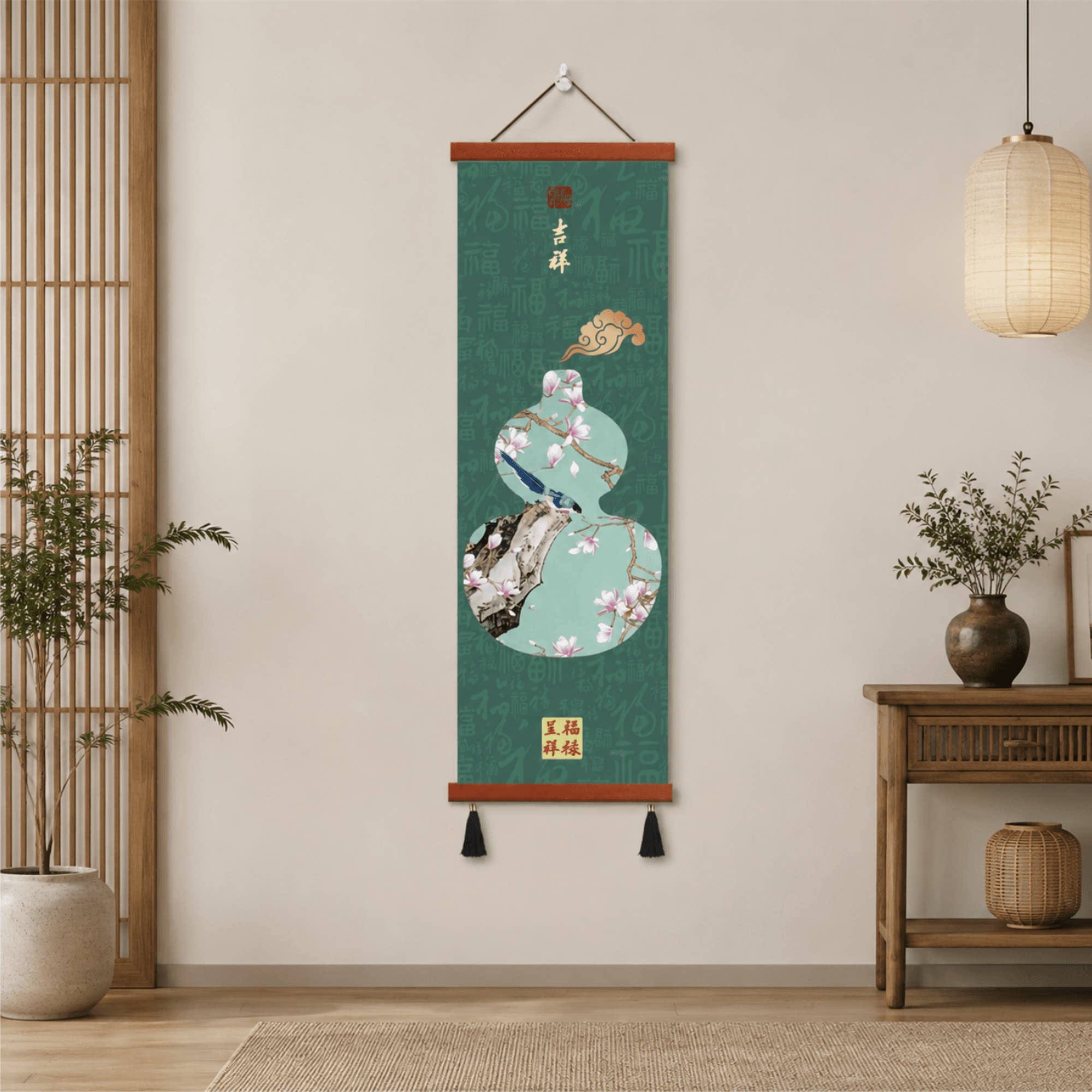 轻奢新中式玄关福禄吉祥玉兰花鸟挂画入户过道客厅茶室墙面装饰画