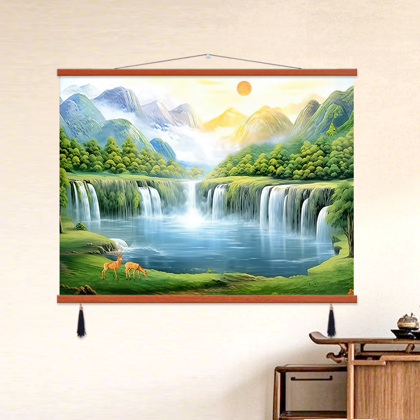 现代流水生财山水风景画餐厅背景墙装饰画旭日东升挂画聚宝盆壁画