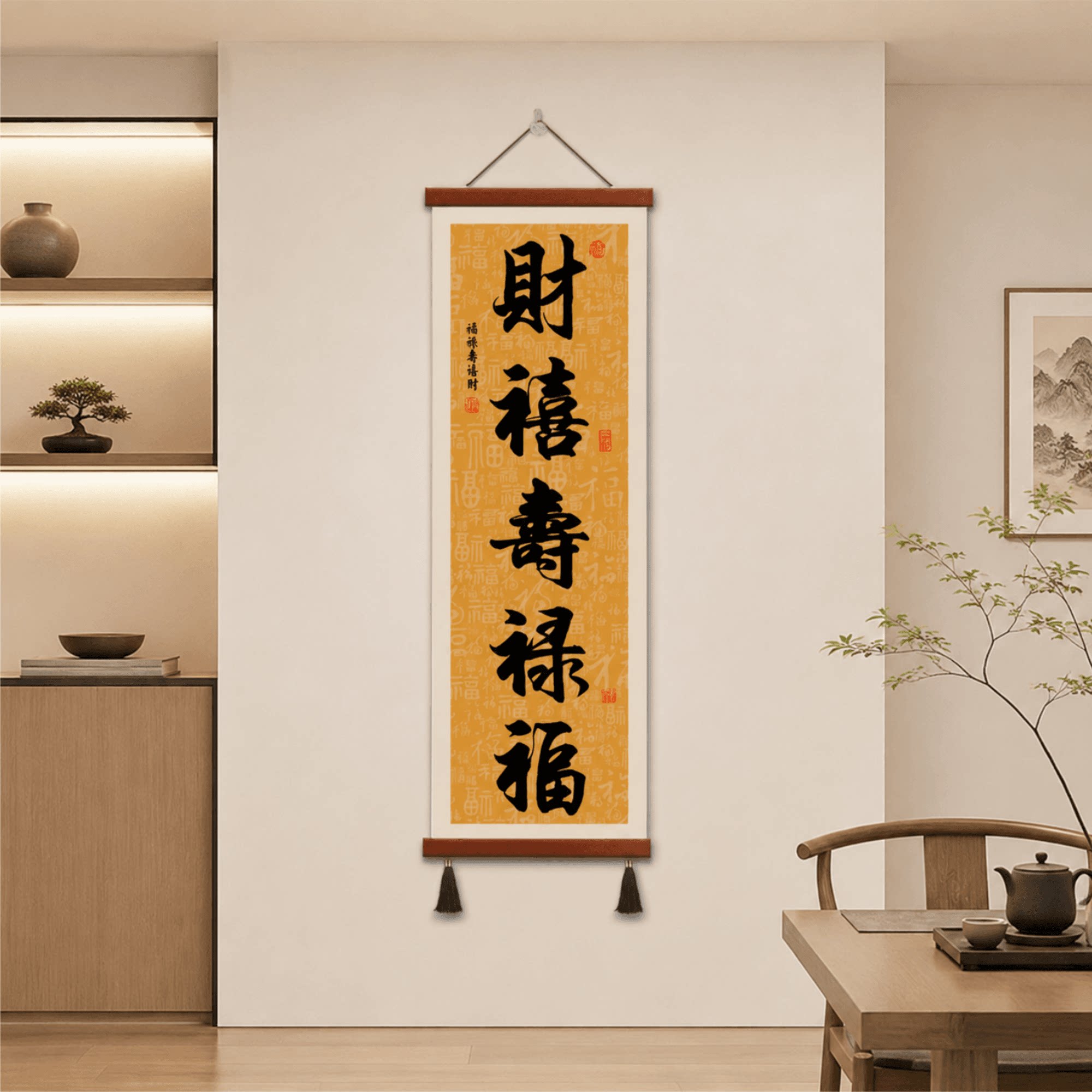 新中式财禧寿禄福书法装饰画客厅玄关书房茶室过道墙面轻奢高端款