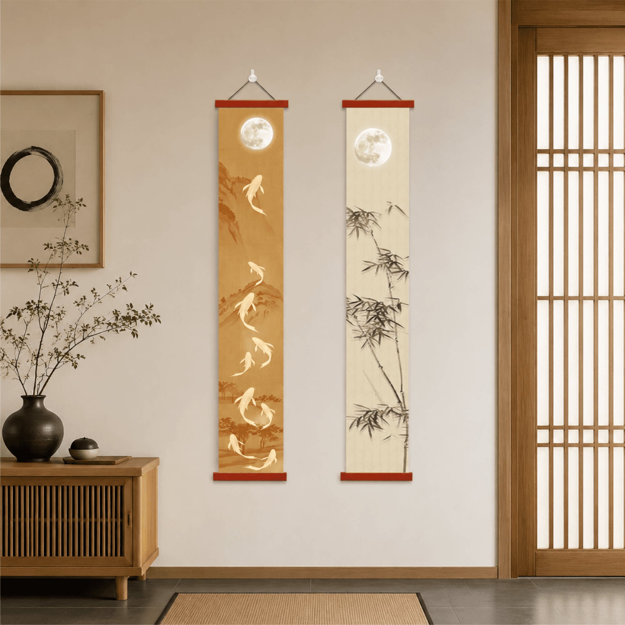 新中式禅意九鱼竹月卷轴长条挂画客厅玄关茶室书房墙面国风装饰画