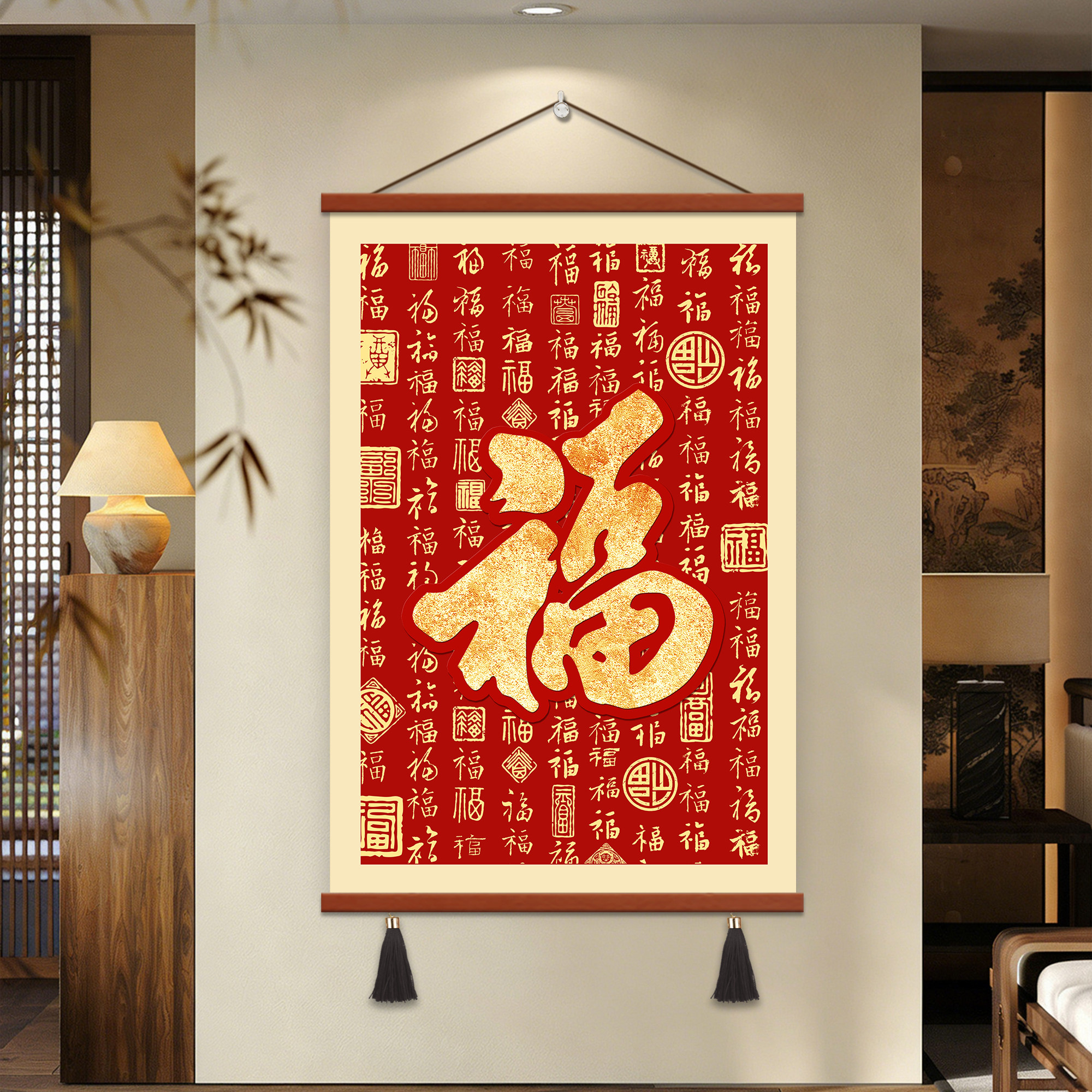 新中式福字玄关装饰画入户正对门百福图餐厅走廊挂画喜庆红色壁画