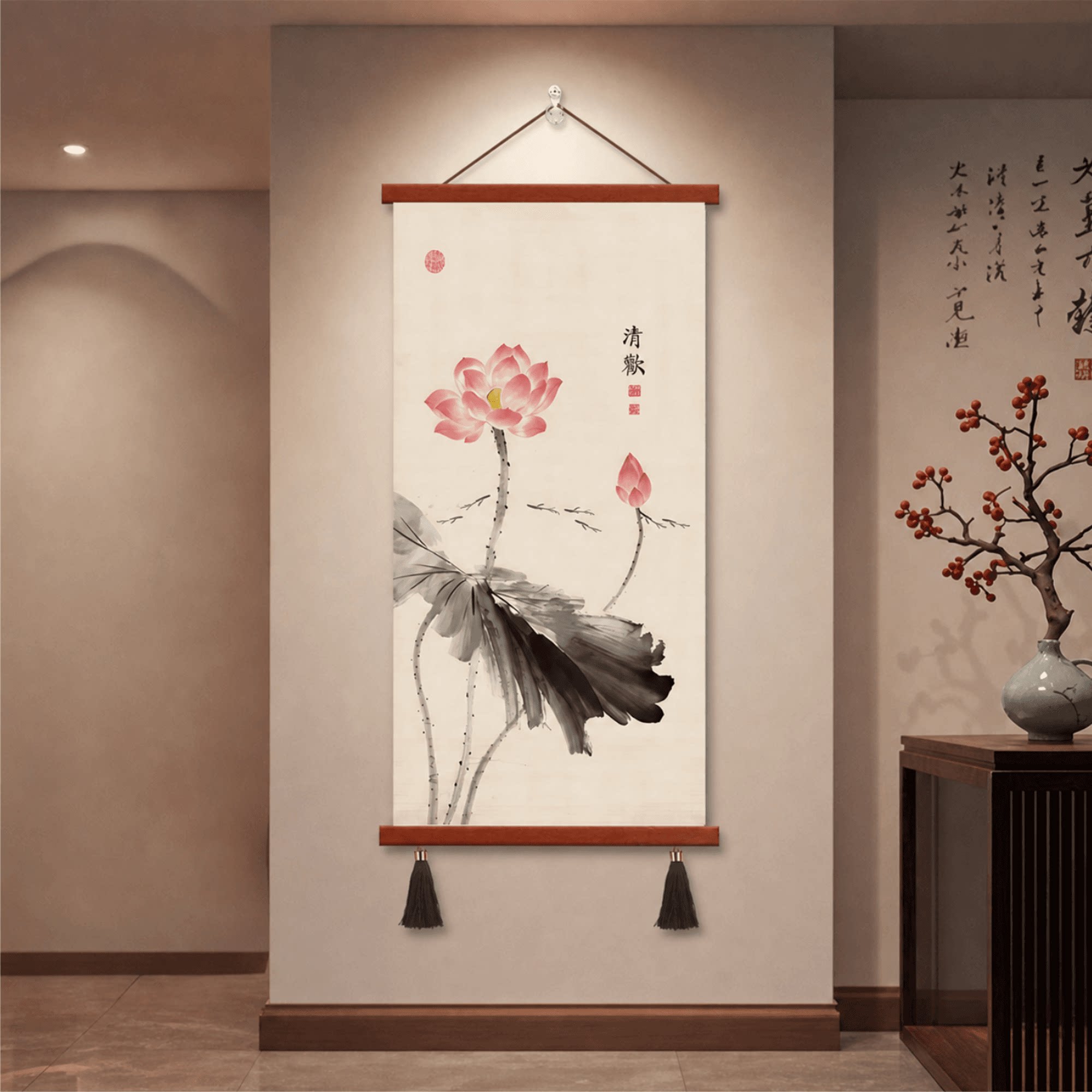 新中式禅意荷花清欢玄关装饰画走廊过道竖版客厅家居墙面轻奢壁画