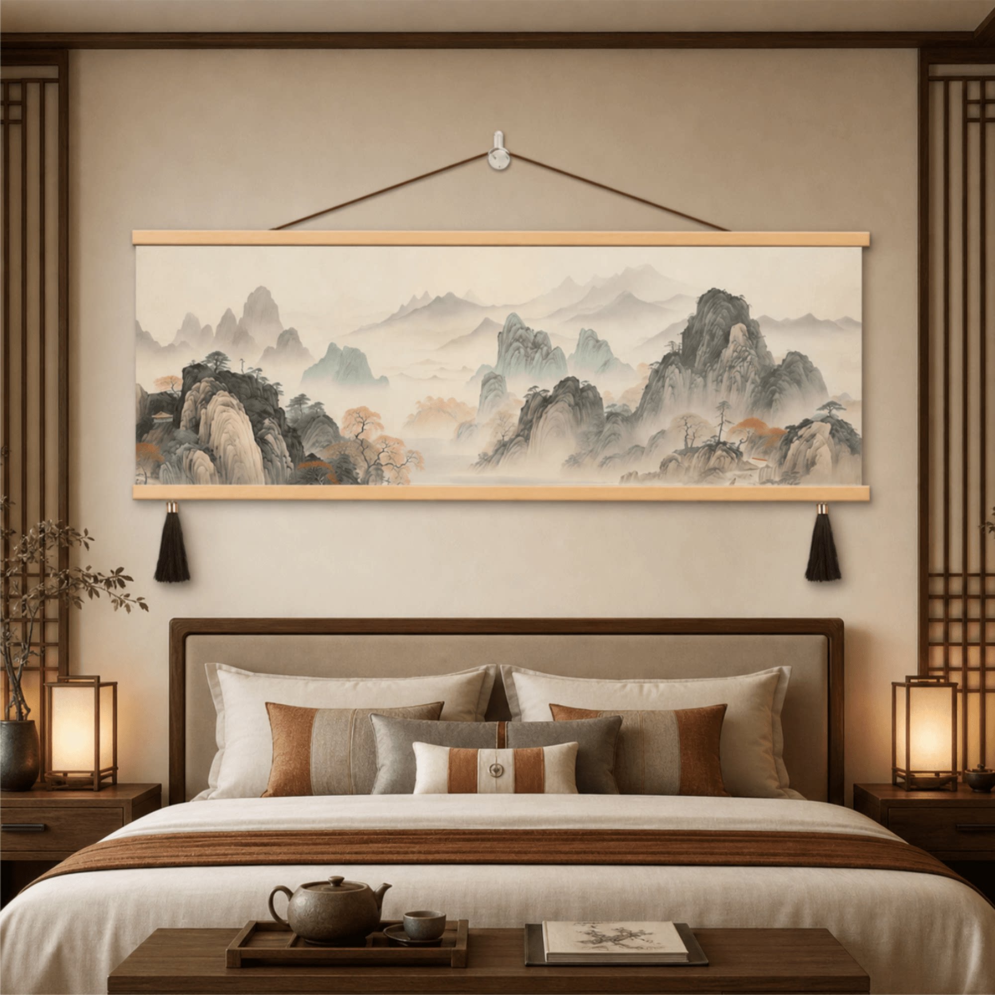 新中式轻奢雅致风卧室床头山水挂画客厅沙发背景墙横幅水墨装饰画