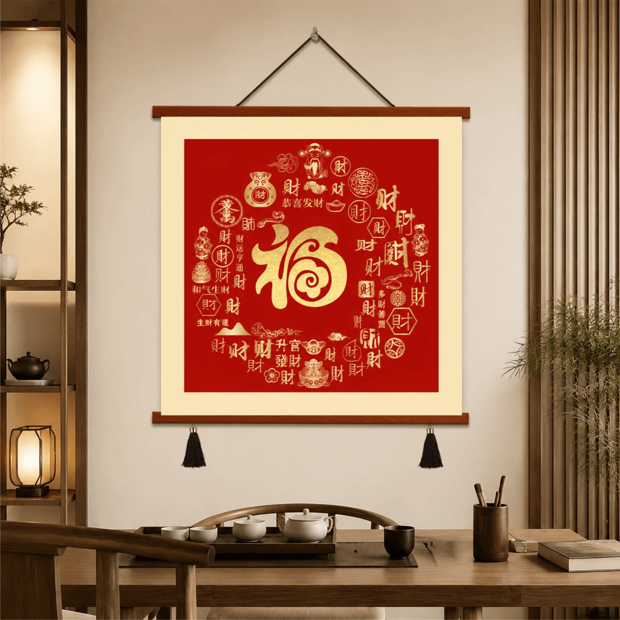 新款中式轻奢福字招财进宝挂画玄关客厅茶室墙面装饰雅致喜庆壁画