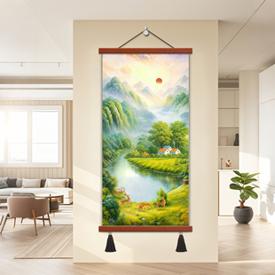 中式风水画山水风景画客厅装饰画靠山聚宝盆招财卷轴挂画旭日东升