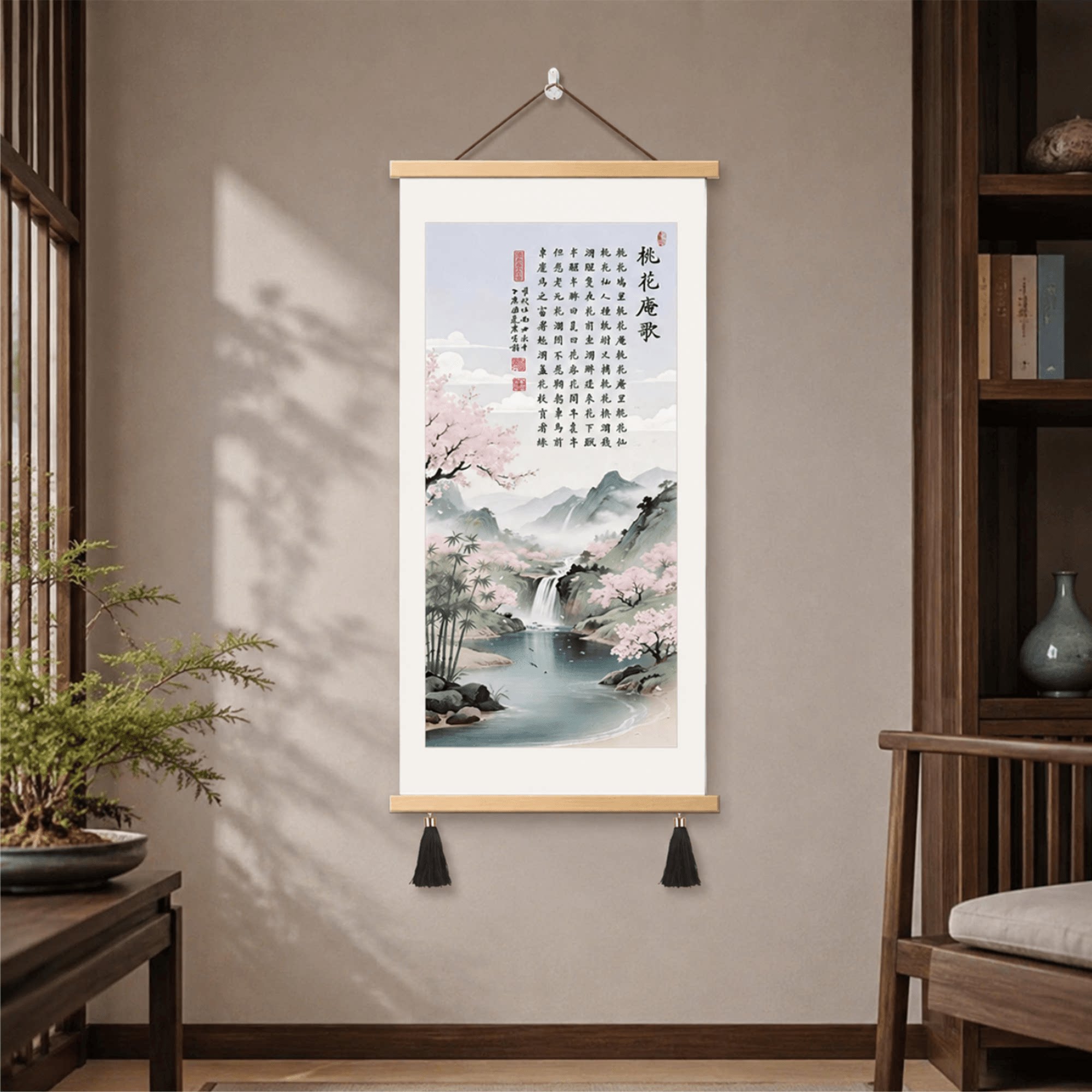 新中式桃花庵歌山水挂画玄关客厅书房茶室轻奢款国风禅意装饰壁画