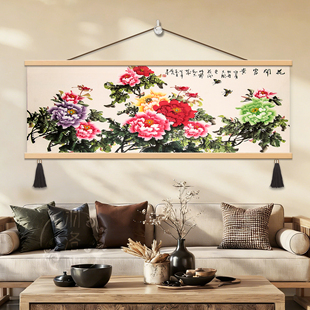 中式牡丹花装饰画客厅挂画松木框流苏吊穗高清油画布壁画